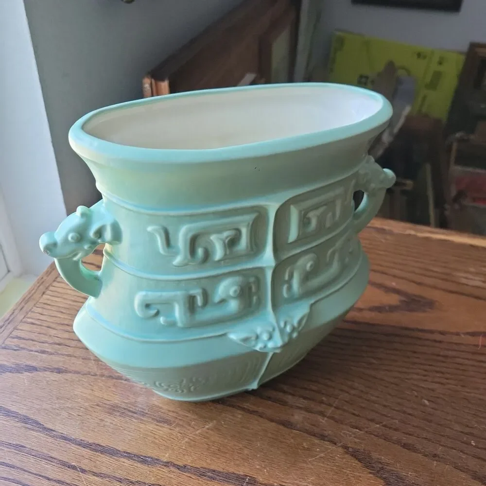 Vtg Studio Art Pottery Urn Vase Dragon Handled Mayan Motif Signed Meryl RARE MCM